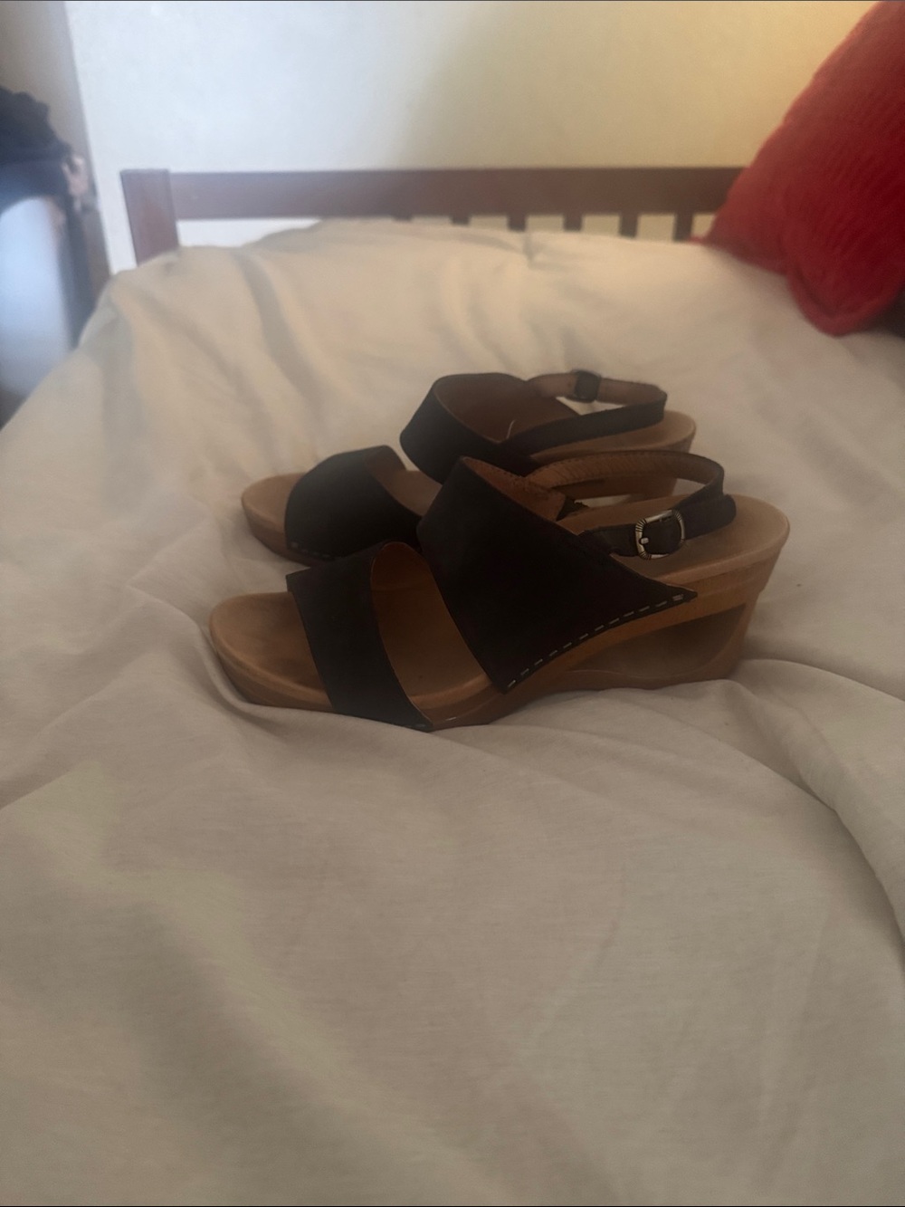 Dansko Black Leather Wedge Sandals